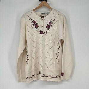 Vintage Cream Pearl Embroidered Floral Ramie Cotton Knit Cardigan Sweater Size L